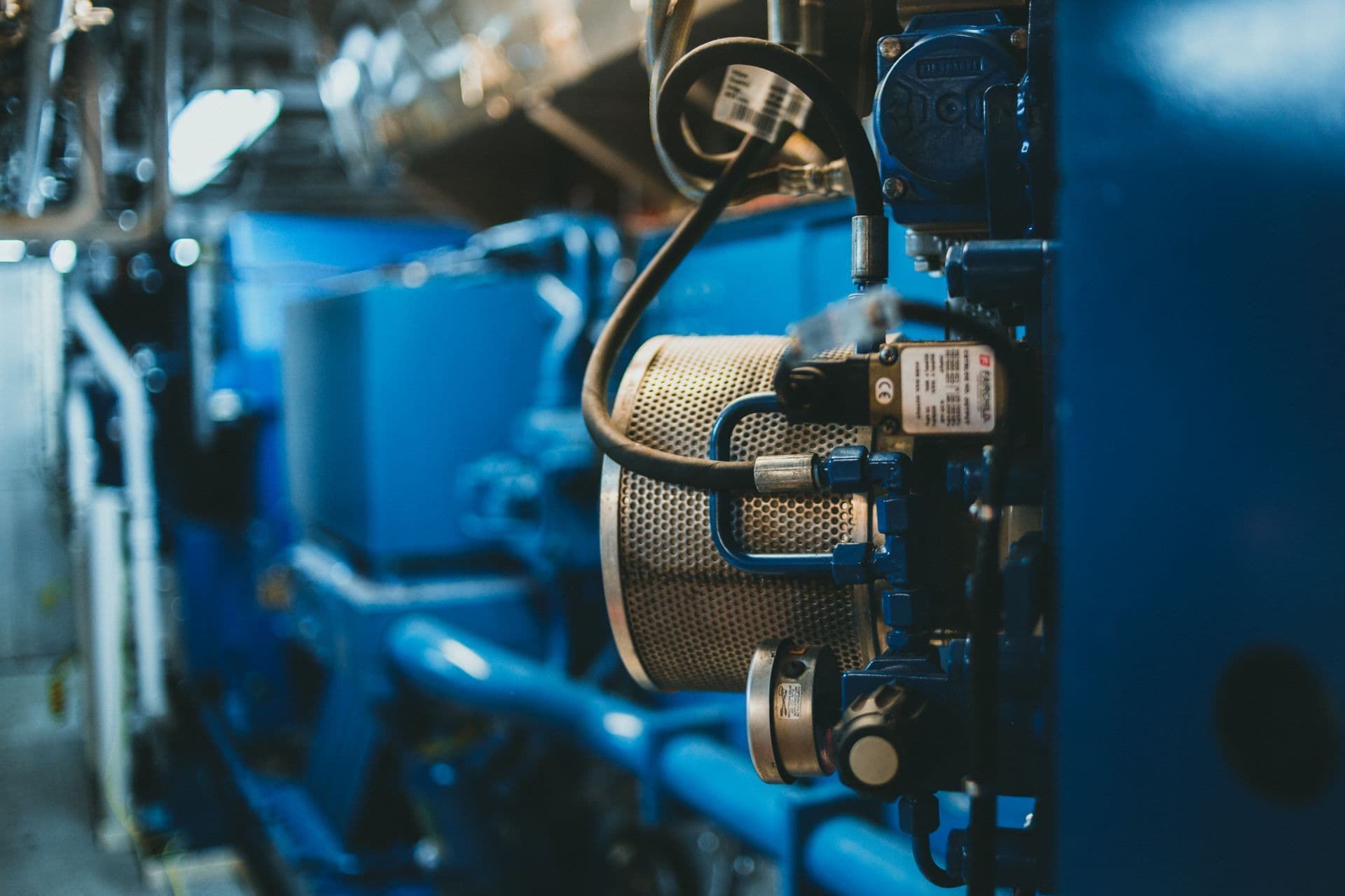 Close-up of a maintained industrial generator engine